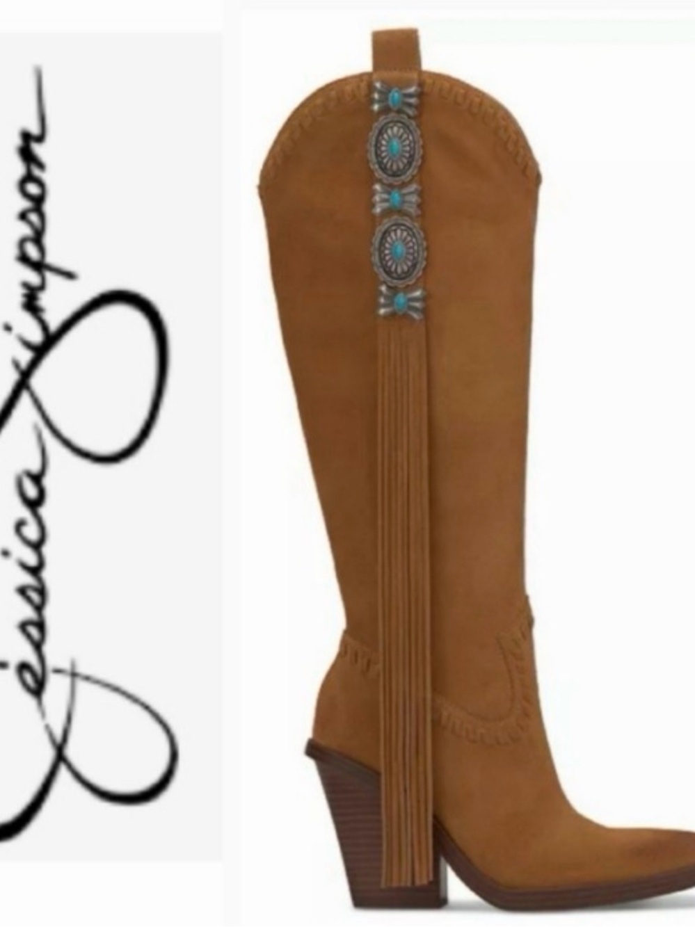 Jessica Simpson Tan Over-the-Knee Western Boots with Turquoise Conchos